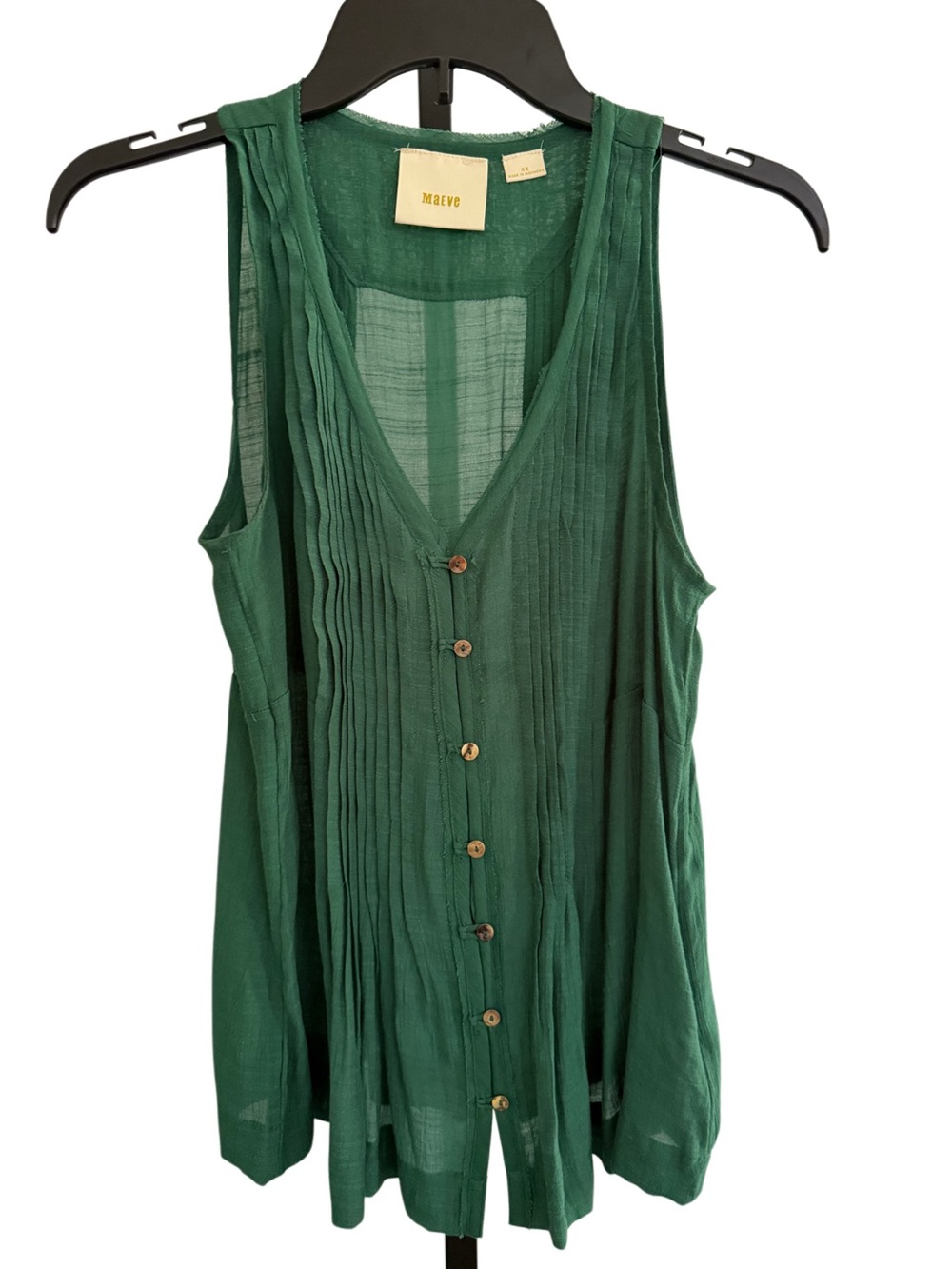 Anthropologie Maeve Kelly Green Saona Pintuck Ruffle Sleeveless Top XS